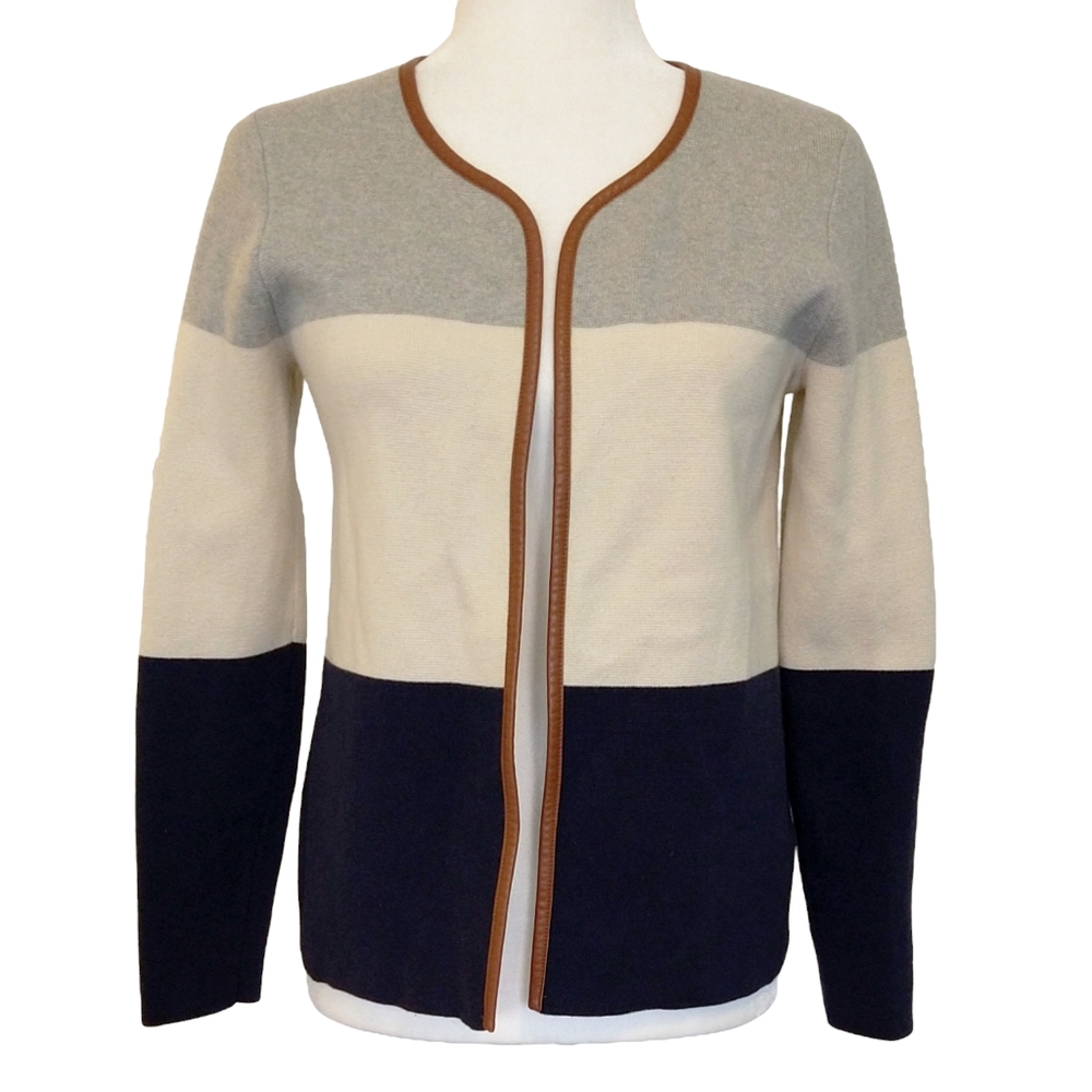 Banana Republic Colorblock Grey Cream Navy Blue Cardigan Faux Leather Trim